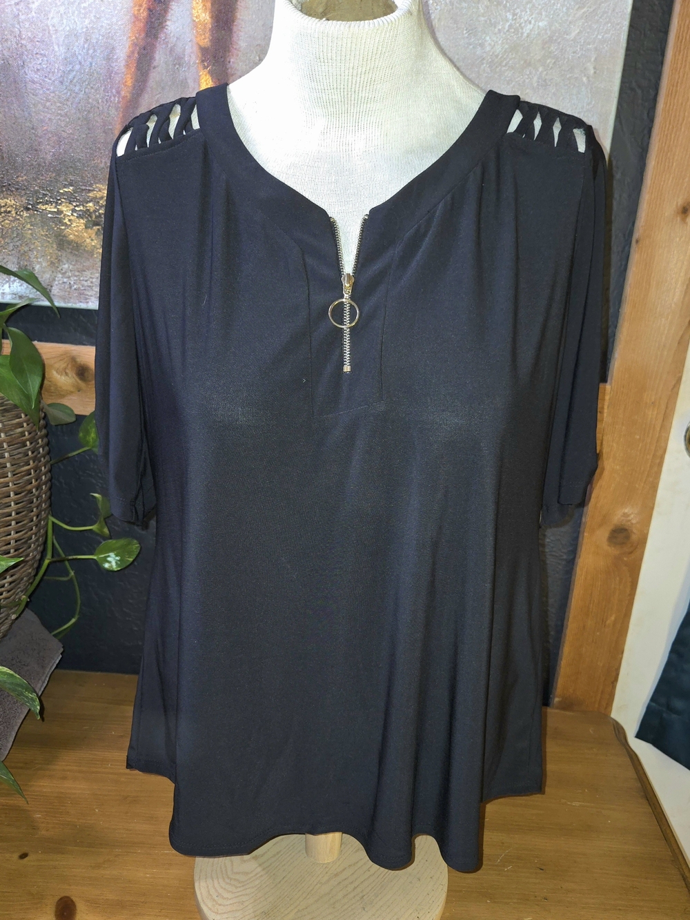 PerSeption Concept Black Short Sleeve Zip Front Top with Ring